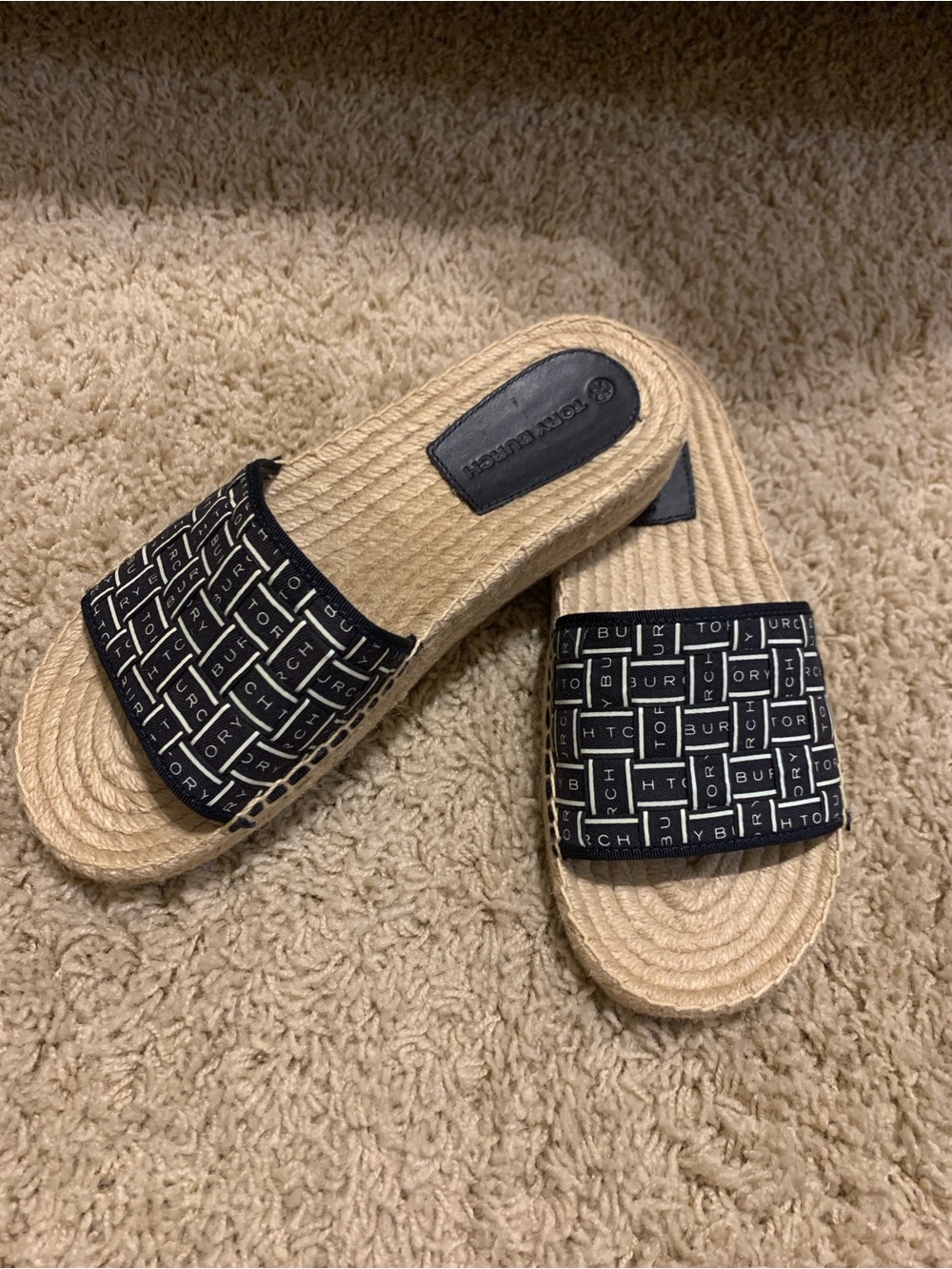 Tory Burch Navy Logo Espadrille Slide
